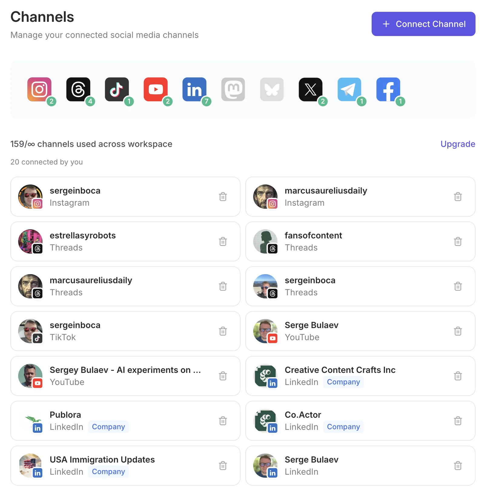 Publora channels page with connected Instagram, Threads, TikTok, YouTube and LinkedIn accounts